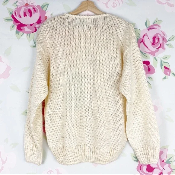 Vintage Ivory Print Chunky Knit Sweater L - Picture 5 of 6